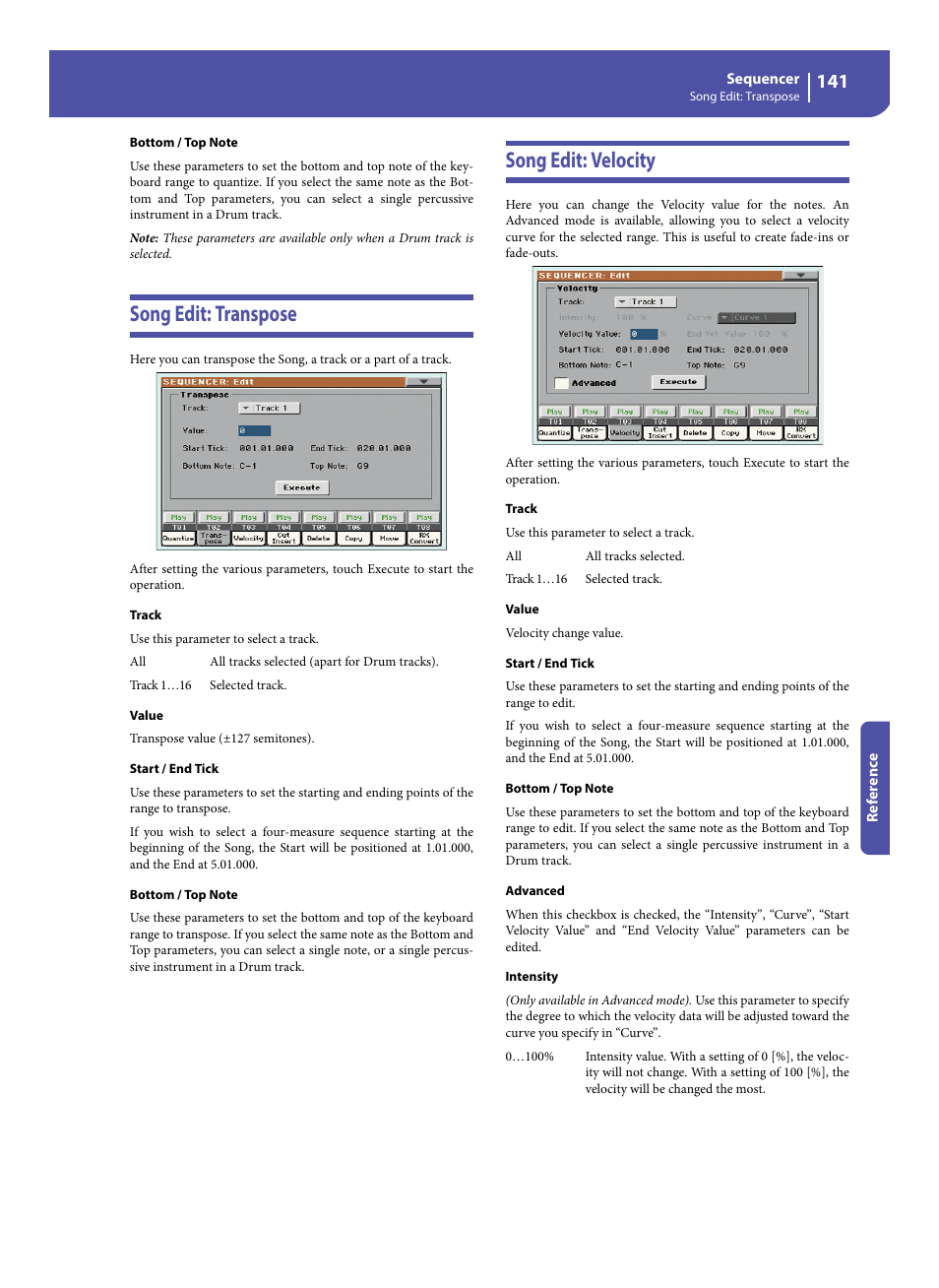 Song edit: transpose, Song edit: velocity, Song edit: transpose song edit: velocity | KORG Pa300 Arranger User Manual | Page 145 / 378