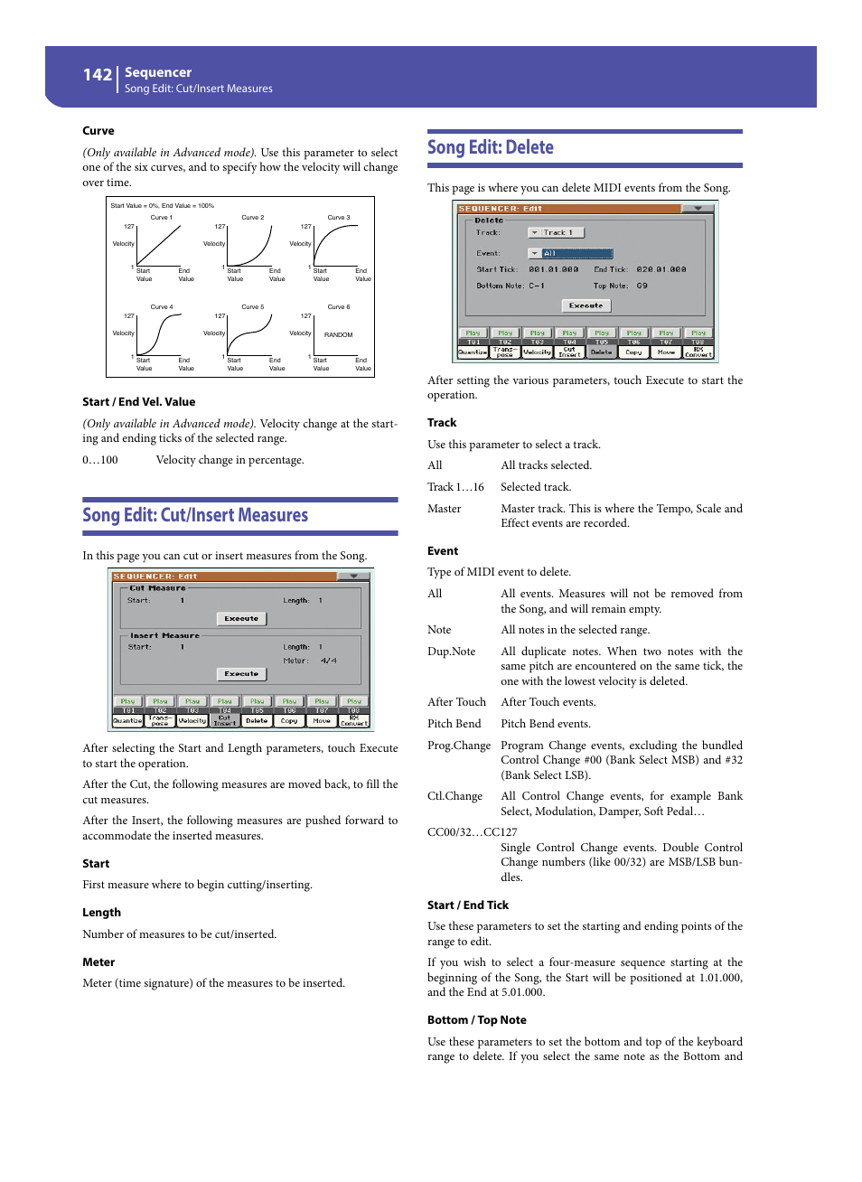 Song edit: cut/insert measures, Song edit: delete, Song edit: cut/insert measures song edit: delete | Sequencer | KORG Pa300 Arranger User Manual | Page 146 / 378