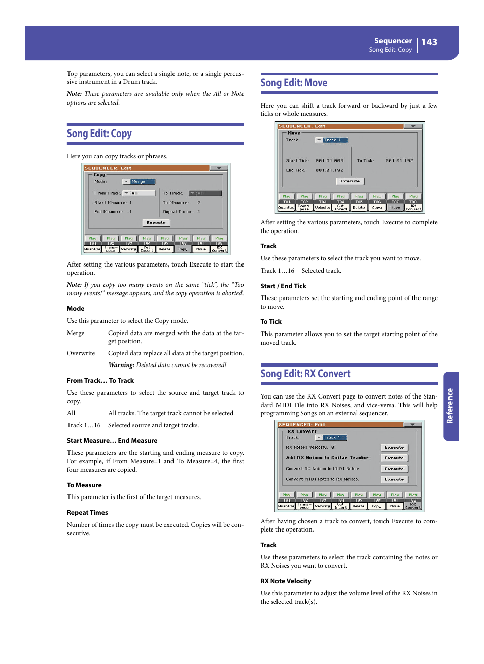 Song edit: copy, Song edit: move, Song edit: rx convert | KORG Pa300 Arranger User Manual | Page 147 / 378