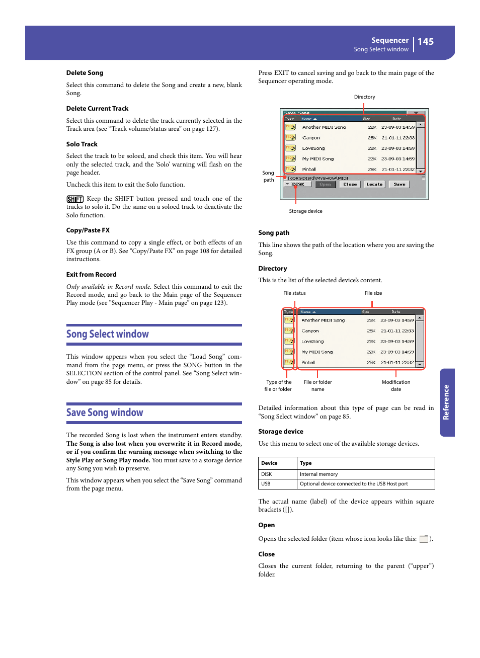 Song select window, Save song window, Song select window save song window | E “exit from record” co, E “exit from record” c | KORG Pa300 Arranger User Manual | Page 149 / 378