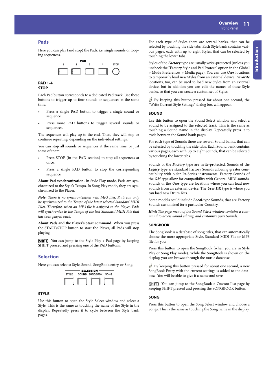 Pads, Selection | KORG Pa300 Arranger User Manual | Page 15 / 378