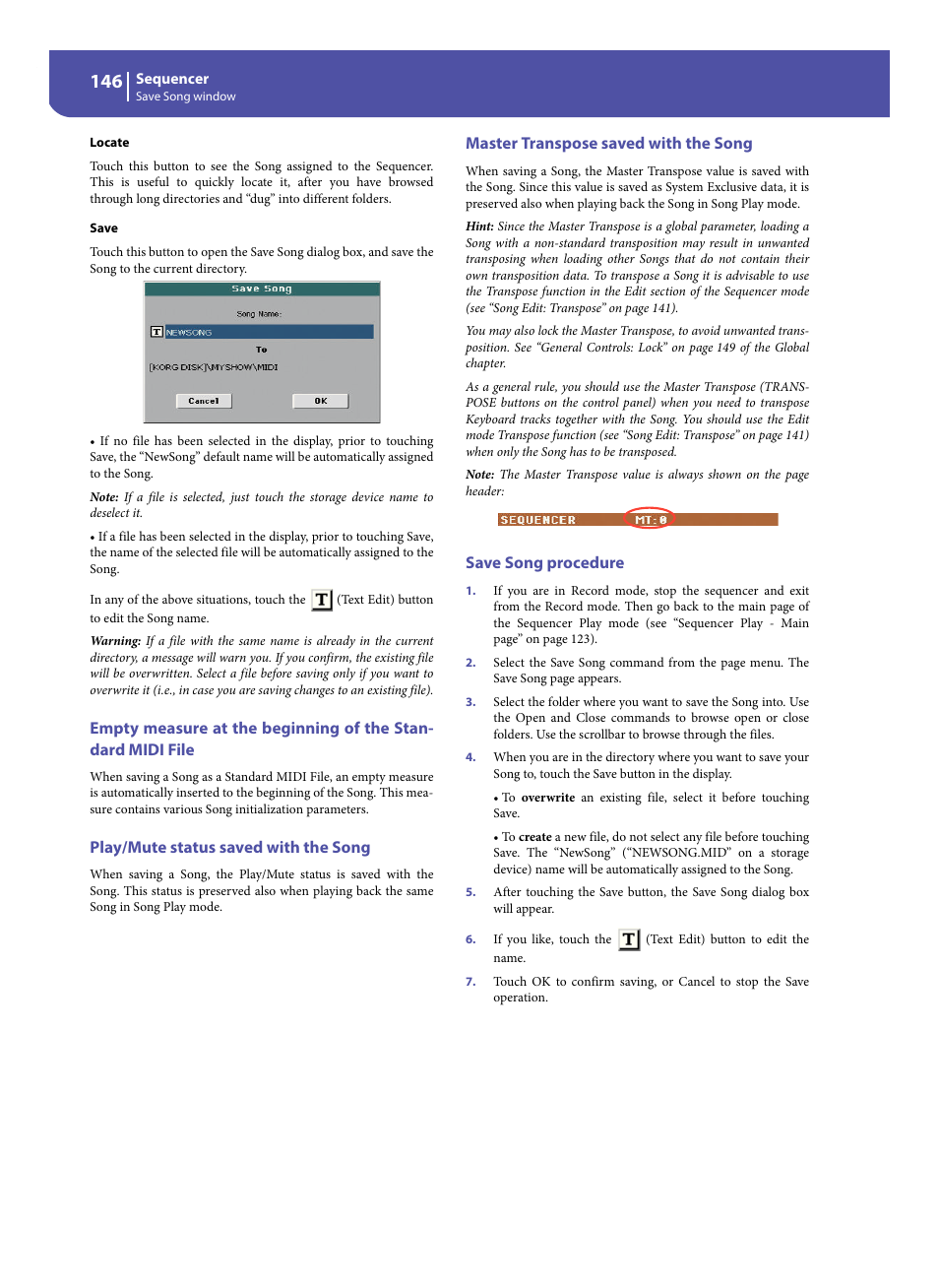 Play/mute status saved with the song, Master transpose saved with the song, Save song procedure | KORG Pa300 Arranger User Manual | Page 150 / 378