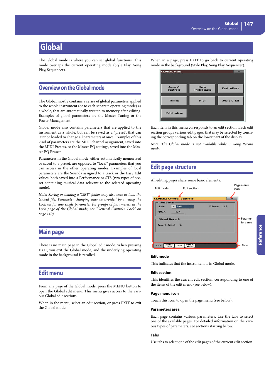 Global, Overview on the global mode, Edit menu | Main page, Edit page structure | KORG Pa300 Arranger User Manual | Page 151 / 378