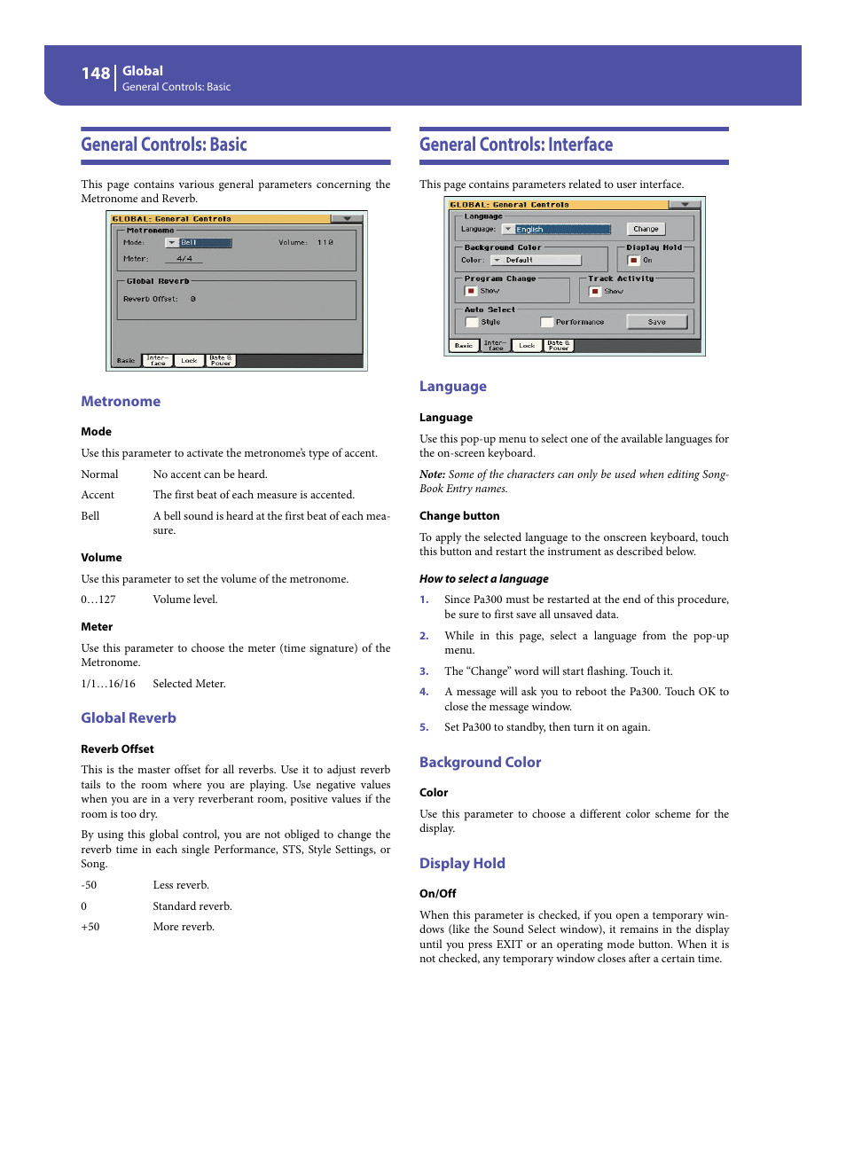 General controls: basic, Metronome, Global reverb | General controls: interface, Language, Background color, Display hold, Display hold” p, The “display hold” p | KORG Pa300 Arranger User Manual | Page 152 / 378