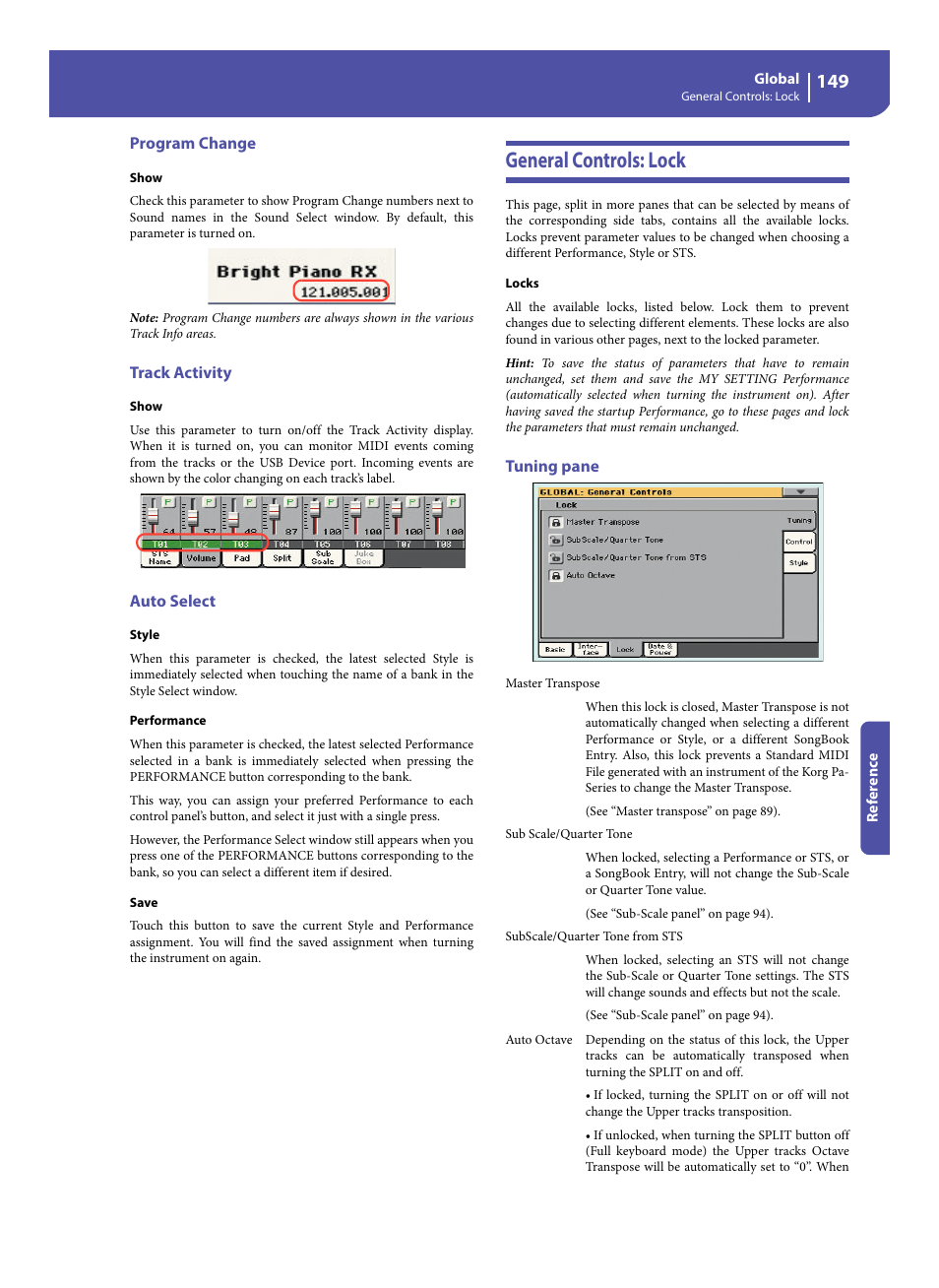 Program change, Track activity, Auto select | General controls: lock, Tuning pane, Auto select” pa, E “show | KORG Pa300 Arranger User Manual | Page 153 / 378