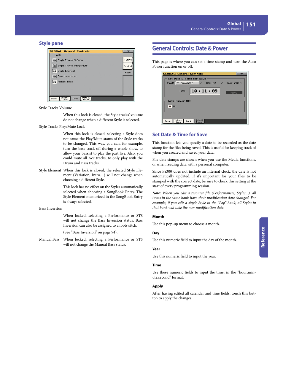 Style pane, General controls: date & power, Set date & time for save | KORG Pa300 Arranger User Manual | Page 155 / 378