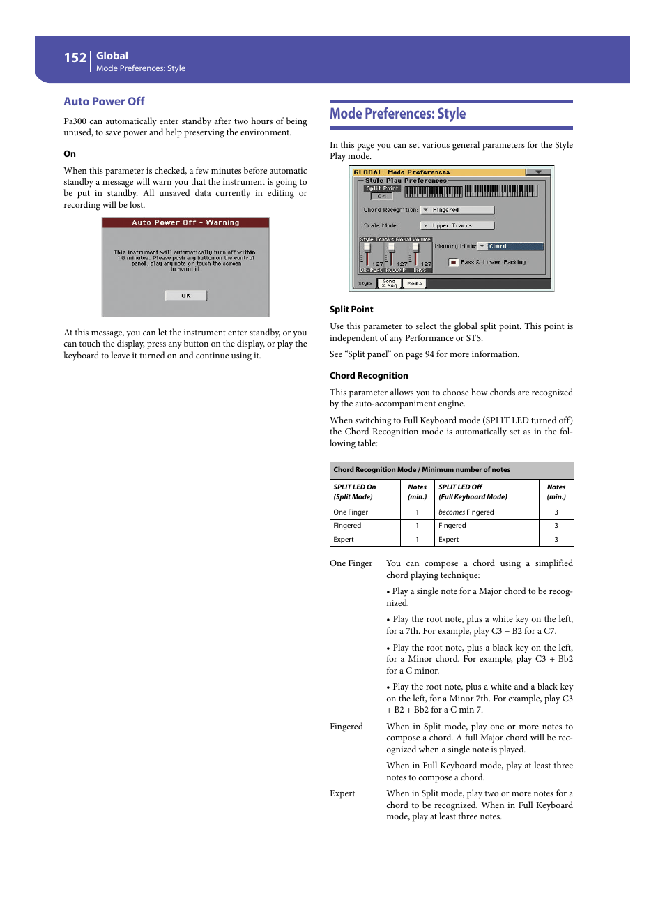 Auto power off, Mode preferences: style, Chord recognition” pa | KORG Pa300 Arranger User Manual | Page 156 / 378