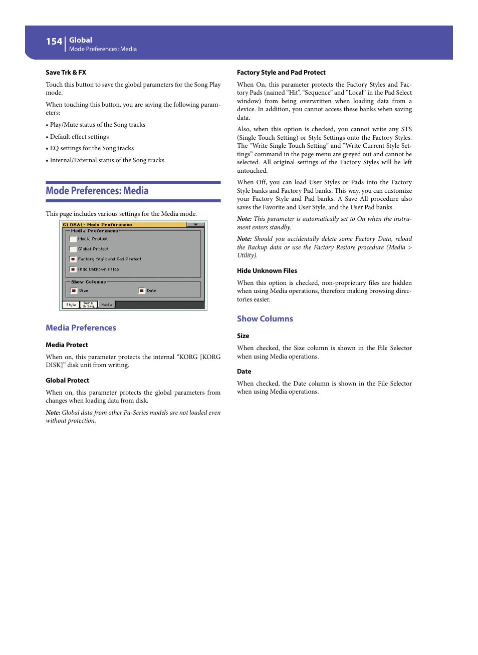 Mode preferences: media, Media preferences, Show columns | KORG Pa300 Arranger User Manual | Page 158 / 378