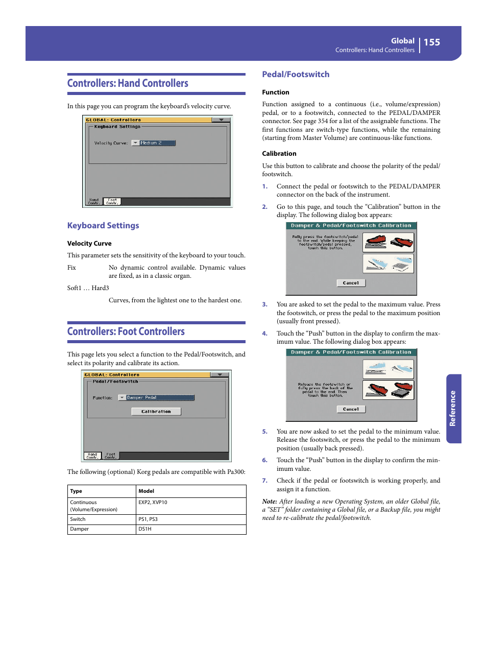 Controllers: hand controllers, Keyboard settings, Controllers: foot controllers | Pedal/footswitch, E “controllers: foot controllers” p, E “pedal/ footswitch” p | KORG Pa300 Arranger User Manual | Page 159 / 378