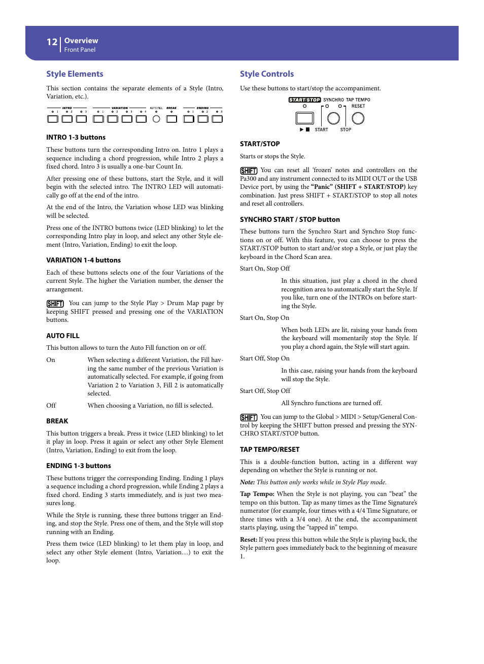 Style elements, Style controls | KORG Pa300 Arranger User Manual | Page 16 / 378