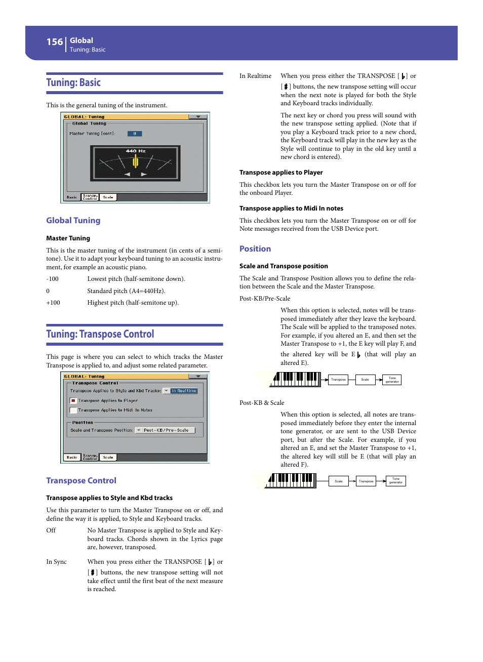 Tuning: basic, Global tuning, Tuning: transpose control | Transpose control, Position, Tuning: basic tuning: transpose control | KORG Pa300 Arranger User Manual | Page 160 / 378