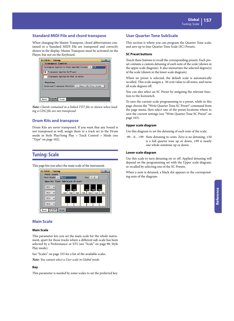 Standard midi file and chord transpose, Drum kits and transpose, Tuning: scale | Main scale, User quarter tone subscale, Tuning: scale” p | KORG Pa300 Arranger User Manual | Page 161 / 378