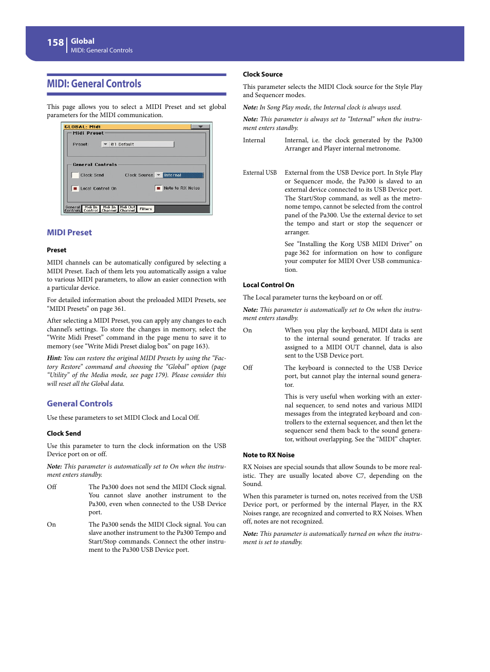 Midi: general controls, Midi preset, General controls | KORG Pa300 Arranger User Manual | Page 162 / 378