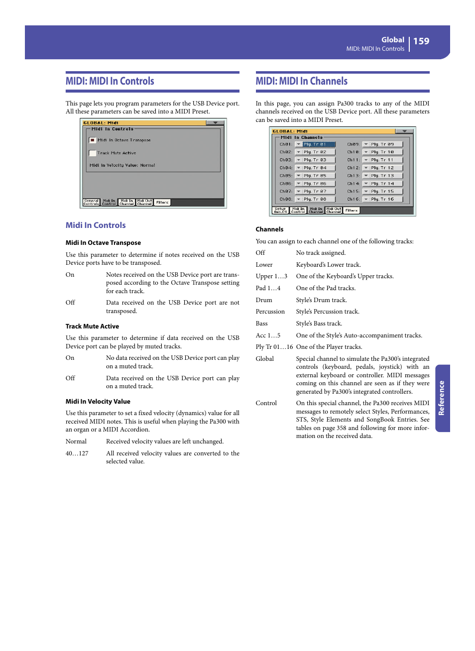 Midi: midi in controls, Midi in controls, Midi: midi in channels | Midi: midi in controls midi: midi in channels | KORG Pa300 Arranger User Manual | Page 163 / 378