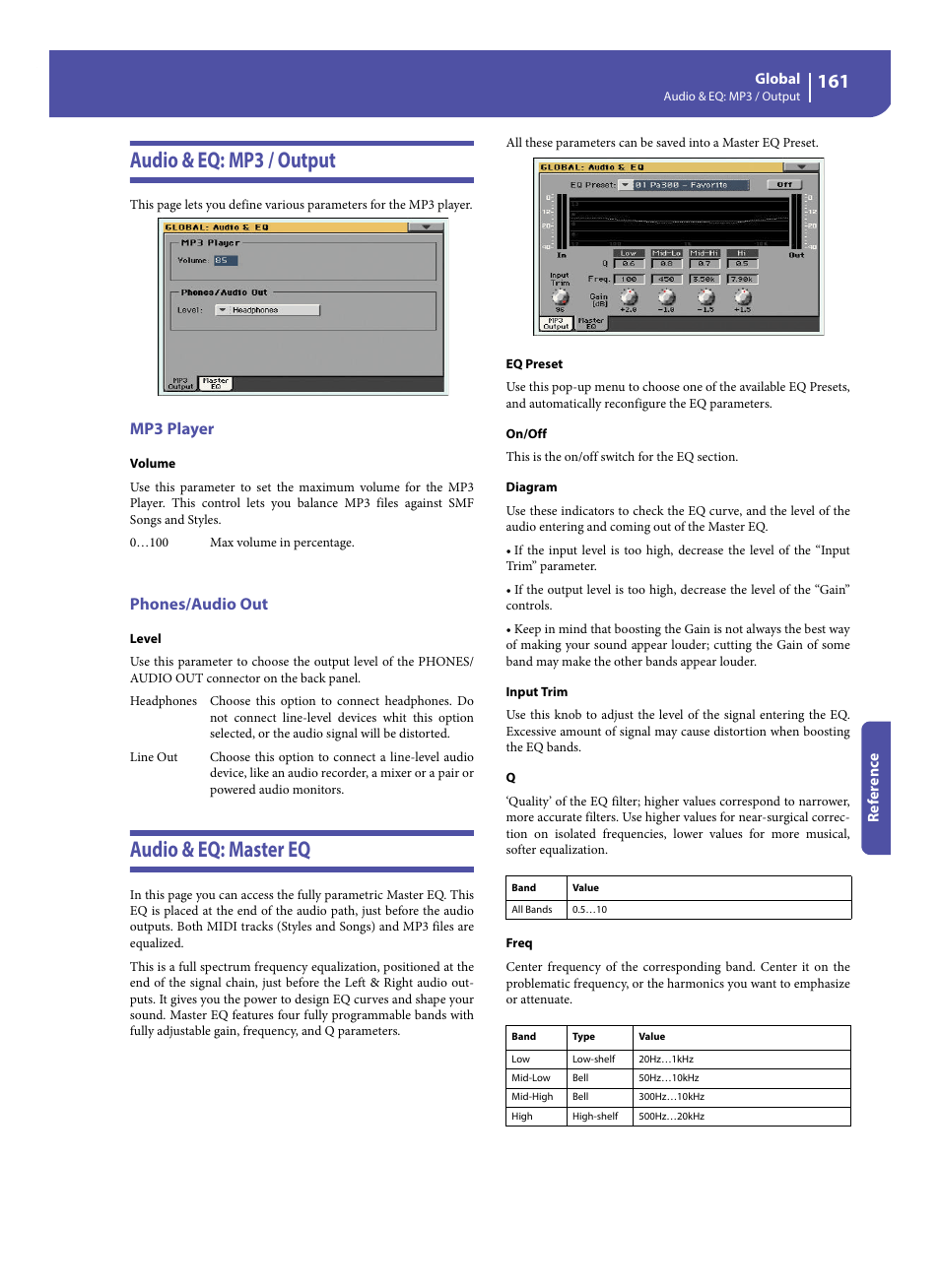 Audio & eq: mp3 / output, Mp3 player, Phones/audio out | Audio & eq: master eq, Audio & eq: mp3 / output audio & eq: master eq, Level, Level” pa | KORG Pa300 Arranger User Manual | Page 165 / 378