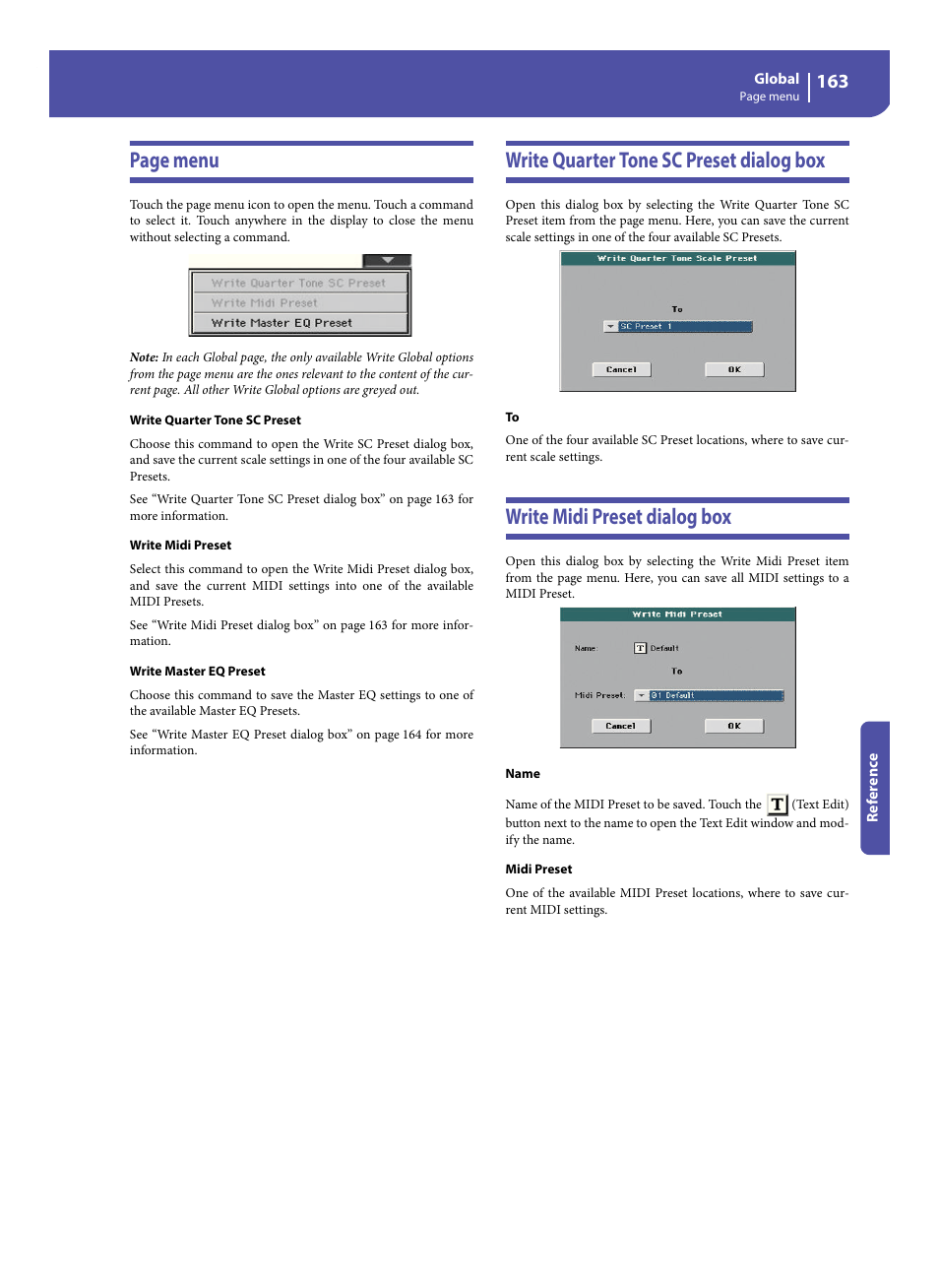 Write quarter tone sc preset dialog box, Write midi preset dialog box, Write quarter tone sc preset” c | Write midi preset” co, Page menu | KORG Pa300 Arranger User Manual | Page 167 / 378