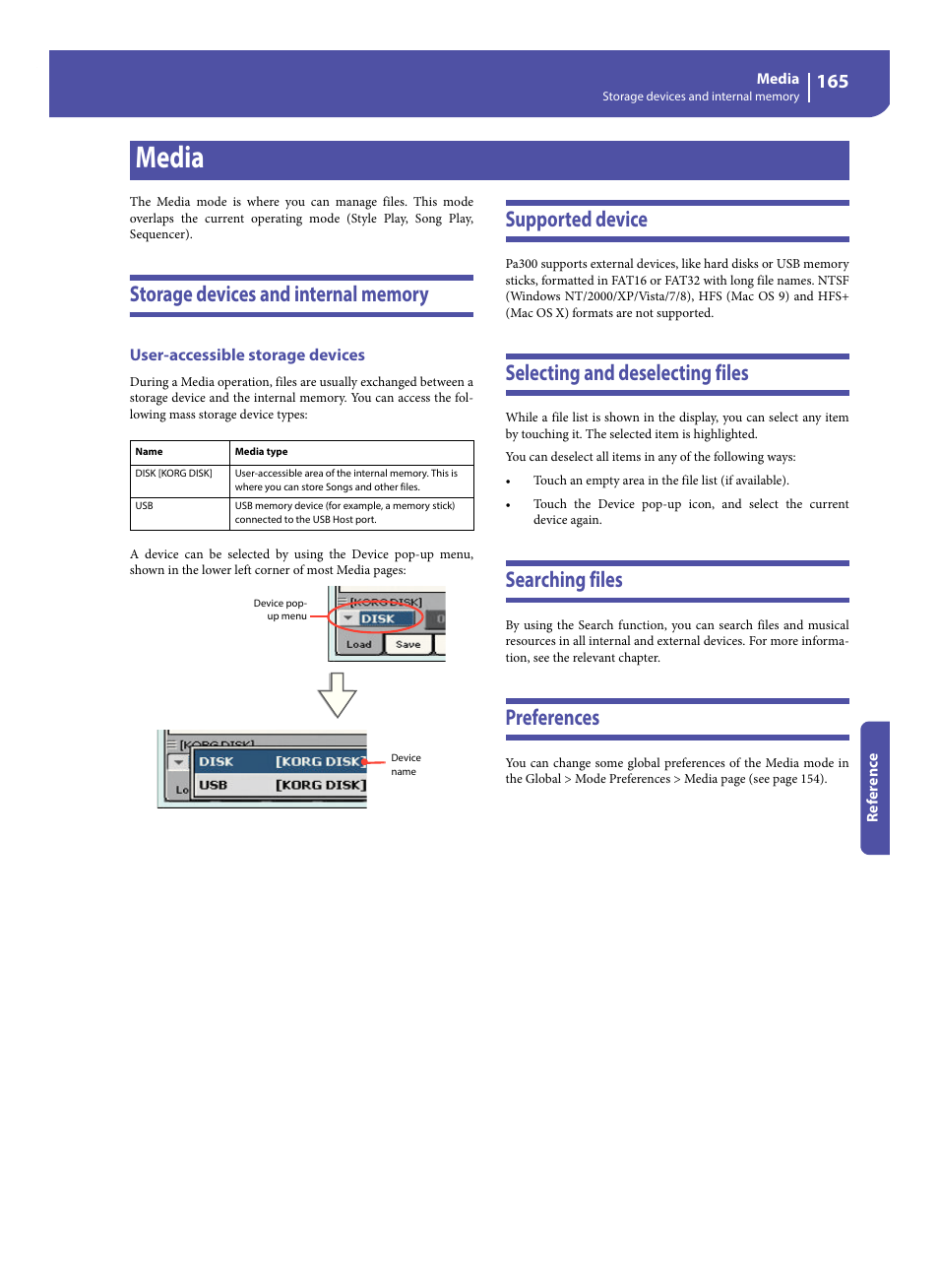 Media, Storage devices and internal memory, User-accessible storage devices | Supported device, Selecting and deselecting files, Searching files, Preferences | KORG Pa300 Arranger User Manual | Page 169 / 378