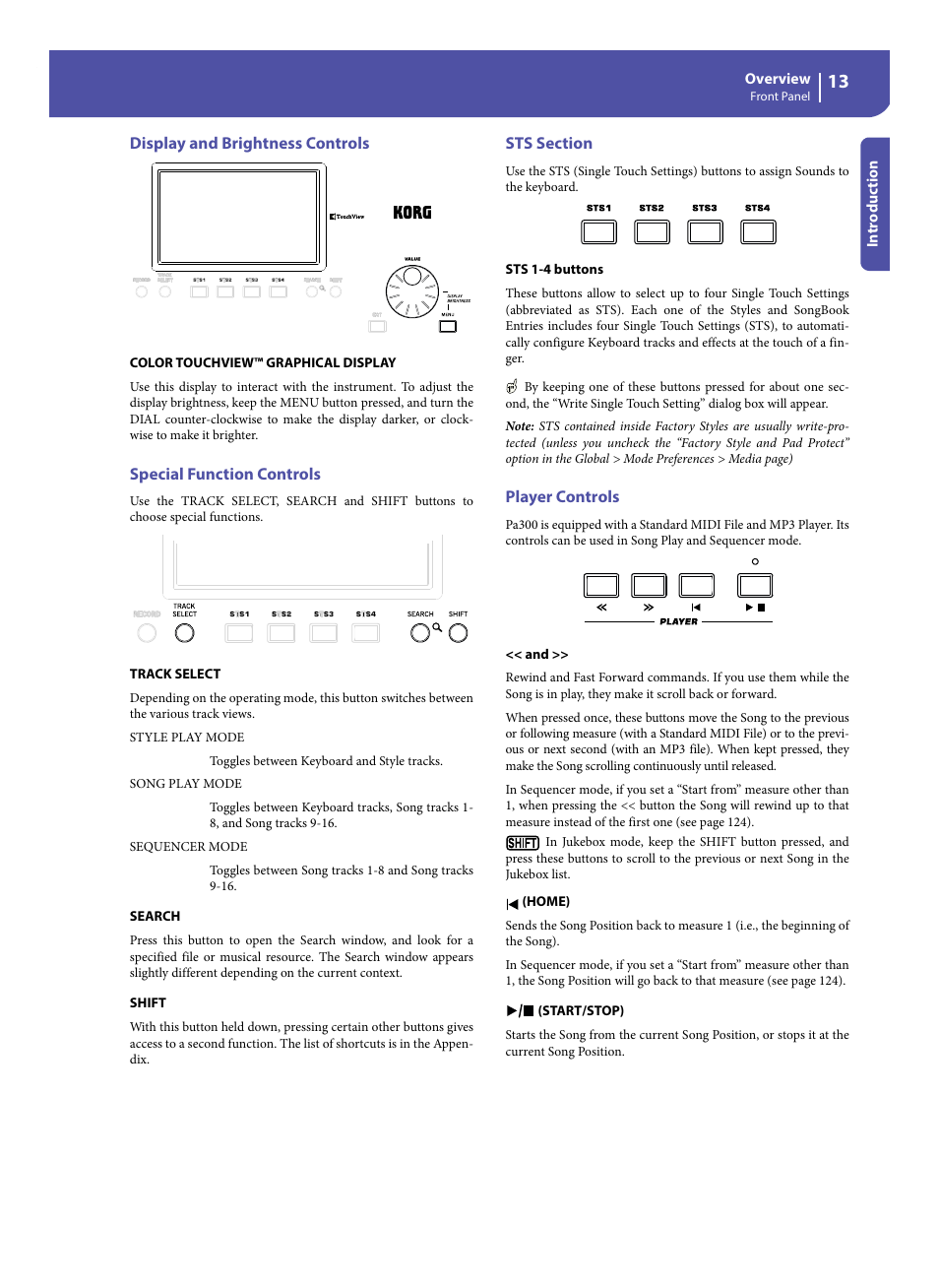 Display and brightness controls, Special function controls, Sts section | Player controls | KORG Pa300 Arranger User Manual | Page 17 / 378