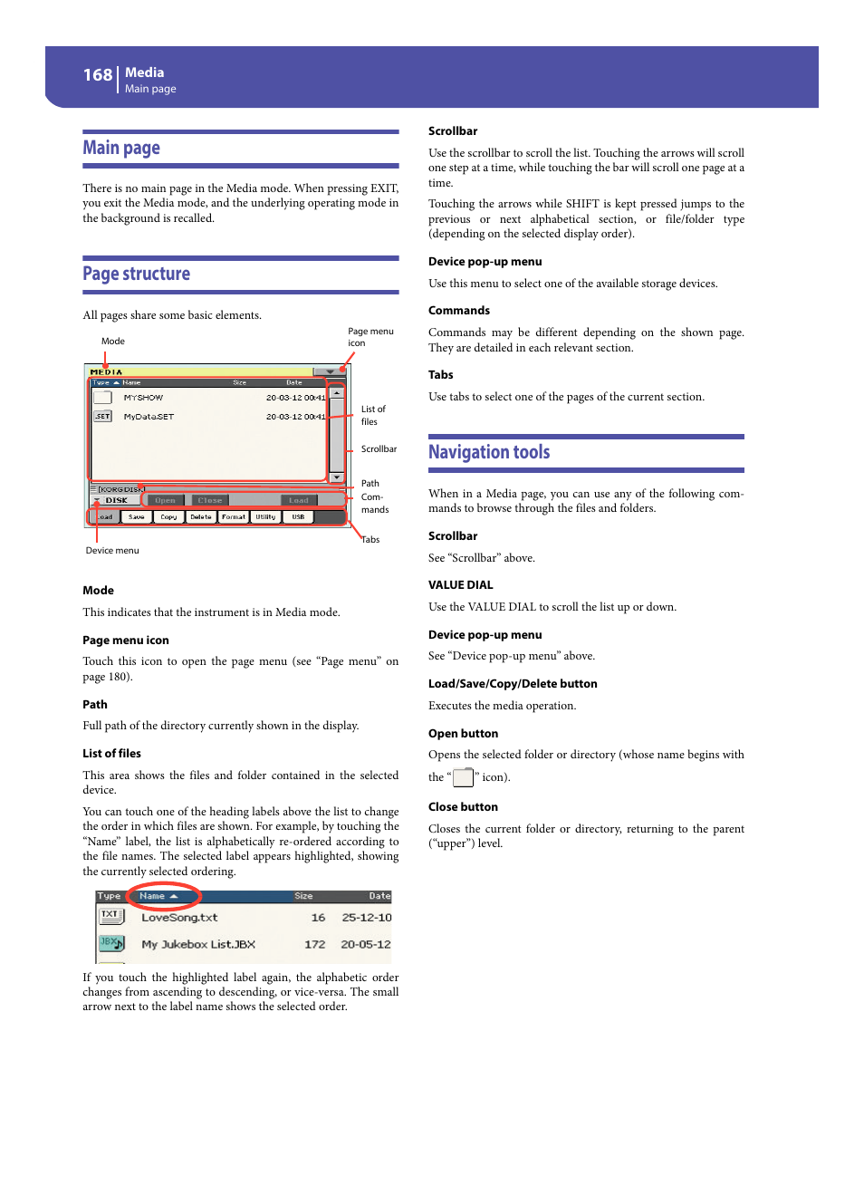 Navigation tools, Main page, Page structure | KORG Pa300 Arranger User Manual | Page 172 / 378