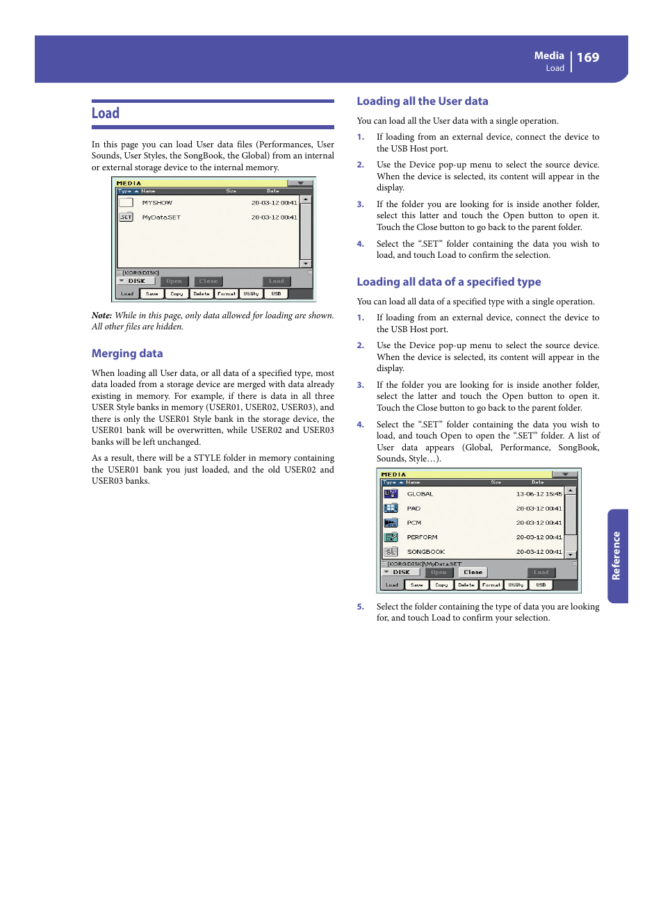 Load, Merging data, Loading all the user data | Loading all data of a specified type | KORG Pa300 Arranger User Manual | Page 173 / 378