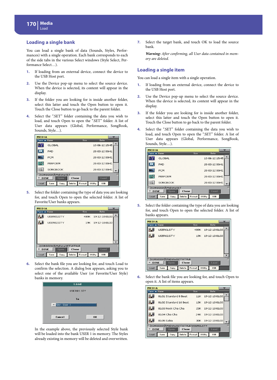 Loading a single bank, Loading a single item | KORG Pa300 Arranger User Manual | Page 174 / 378