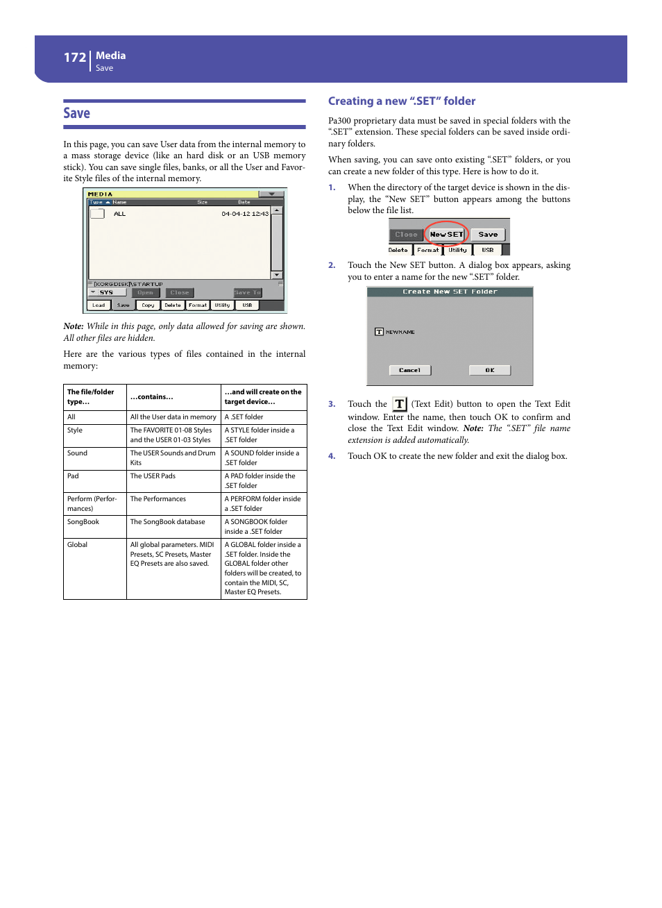 Save, Creating a new “.set” folder | KORG Pa300 Arranger User Manual | Page 176 / 378