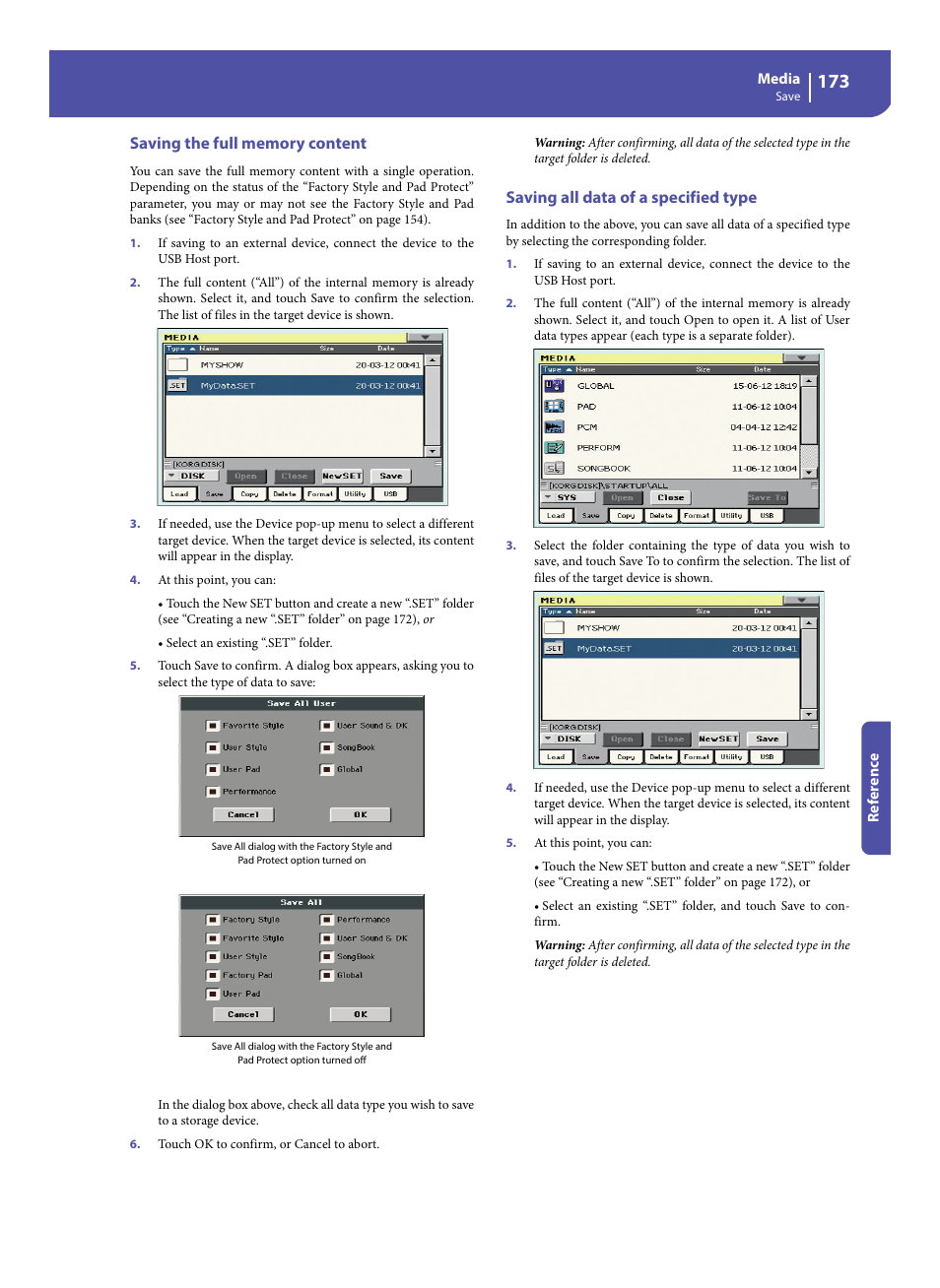 Saving the full memory content, Saving all data of a specified type | KORG Pa300 Arranger User Manual | Page 177 / 378