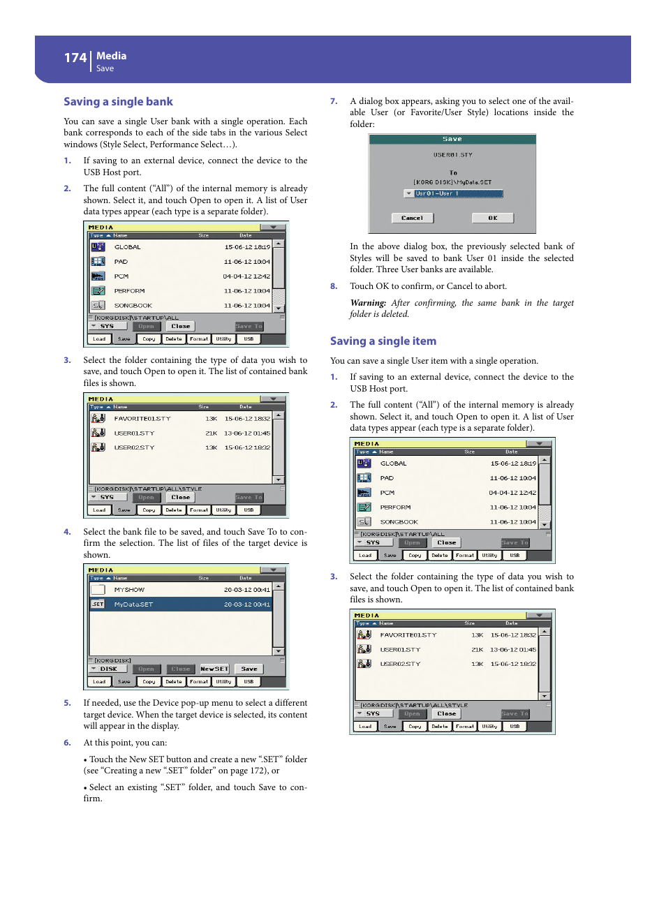 Saving a single bank, Saving a single item | KORG Pa300 Arranger User Manual | Page 178 / 378