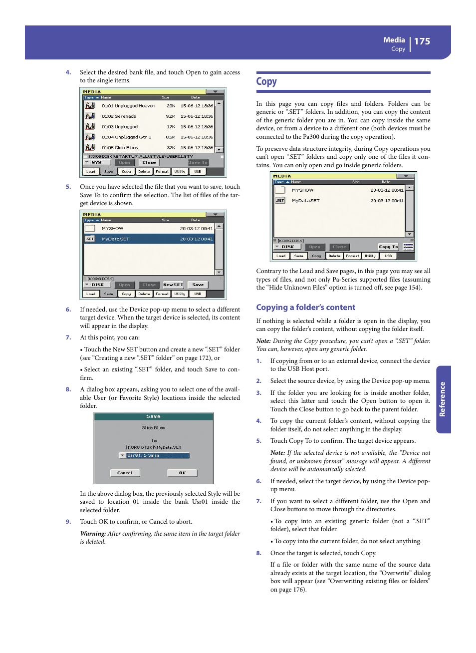 Copy, Copying a folder’s content | KORG Pa300 Arranger User Manual | Page 179 / 378