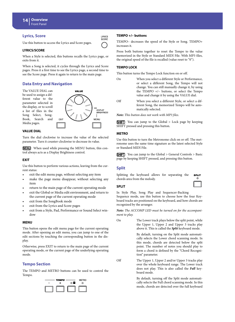 Lyrics, score, Data entry and navigation, Tempo section | Split | KORG Pa300 Arranger User Manual | Page 18 / 378