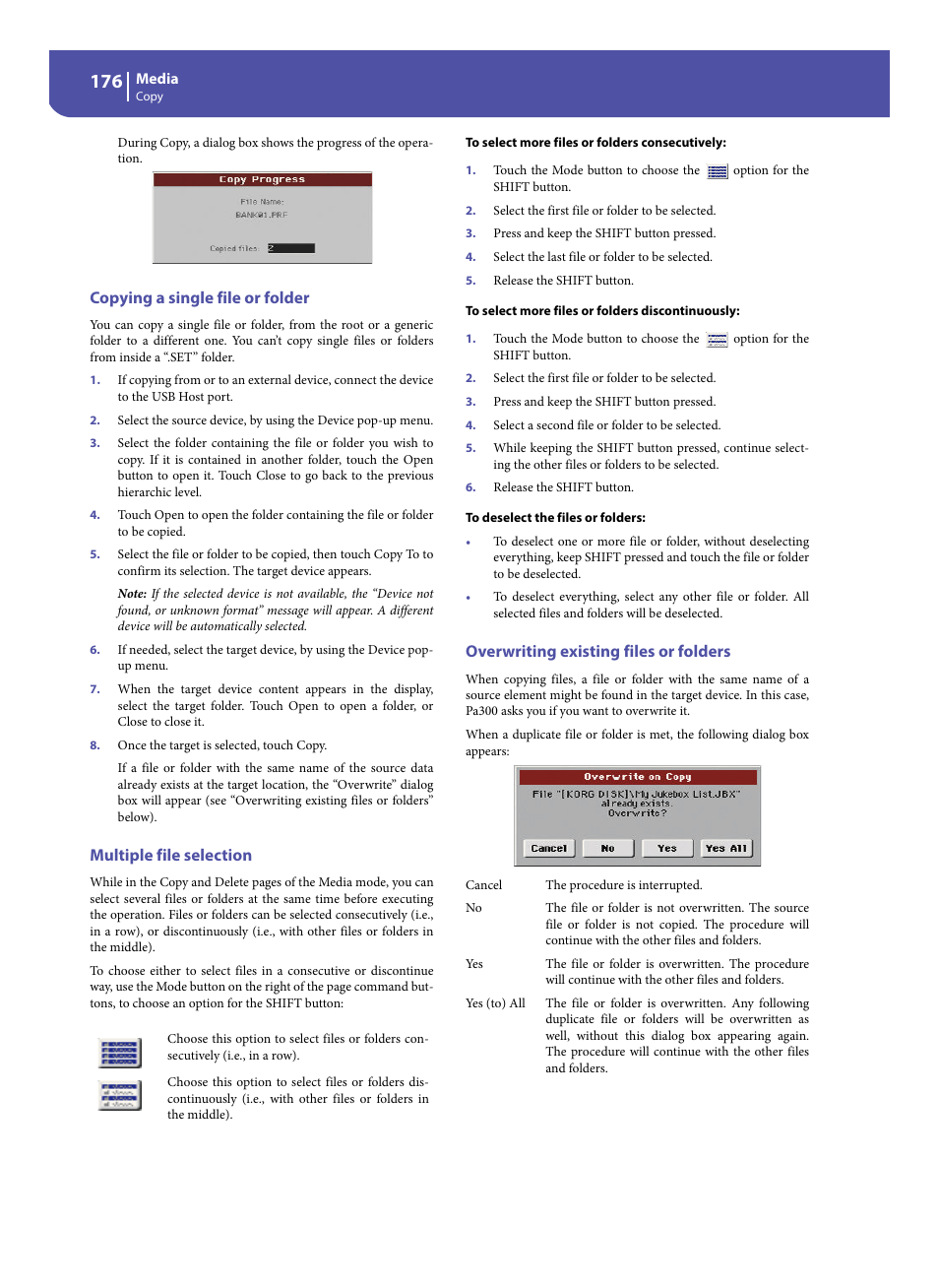 Copying a single file or folder, Multiple file selection, Overwriting existing files or folders | KORG Pa300 Arranger User Manual | Page 180 / 378