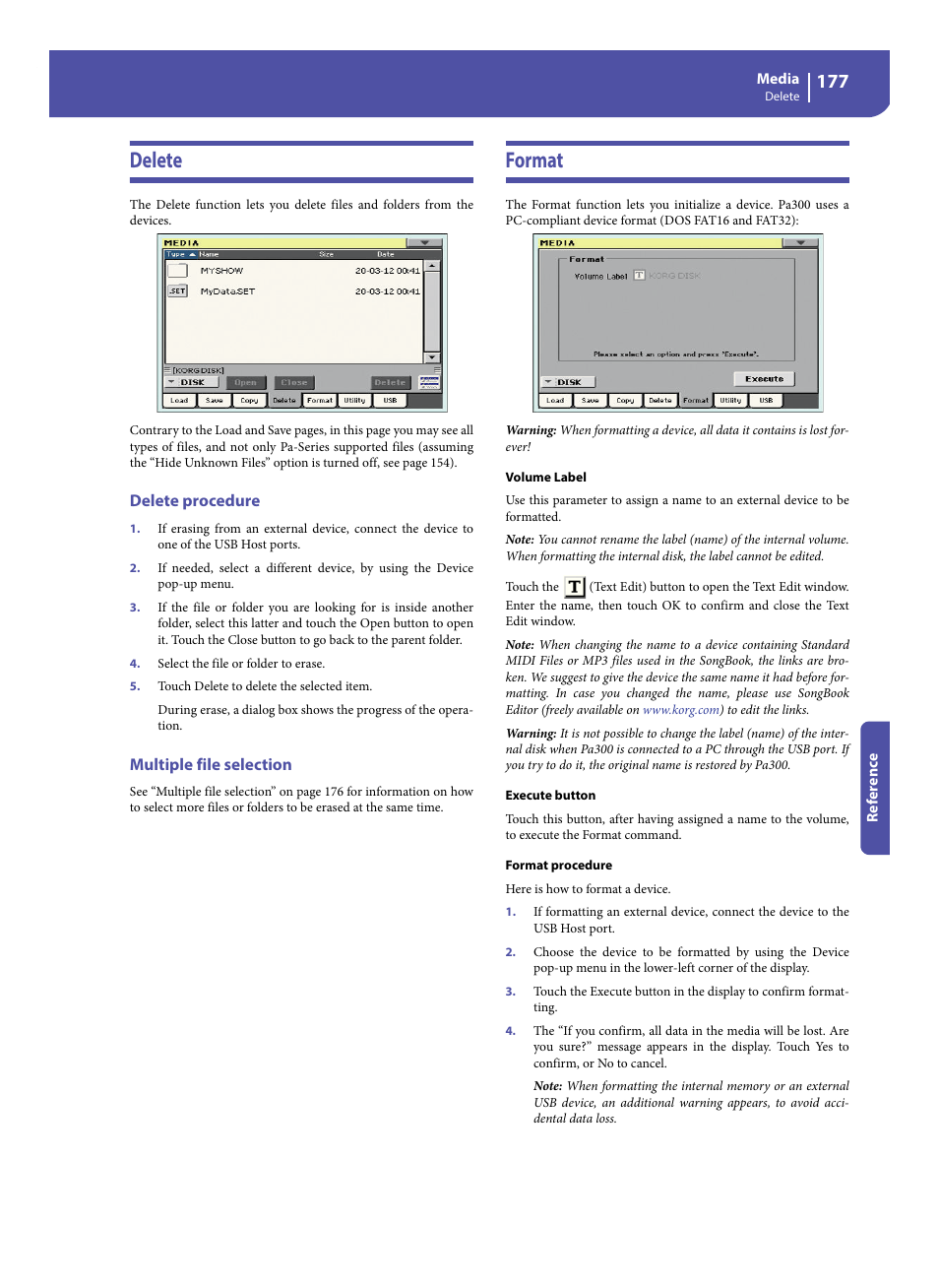 Delete, Delete procedure, Multiple file selection | Format, Delete format | KORG Pa300 Arranger User Manual | Page 181 / 378