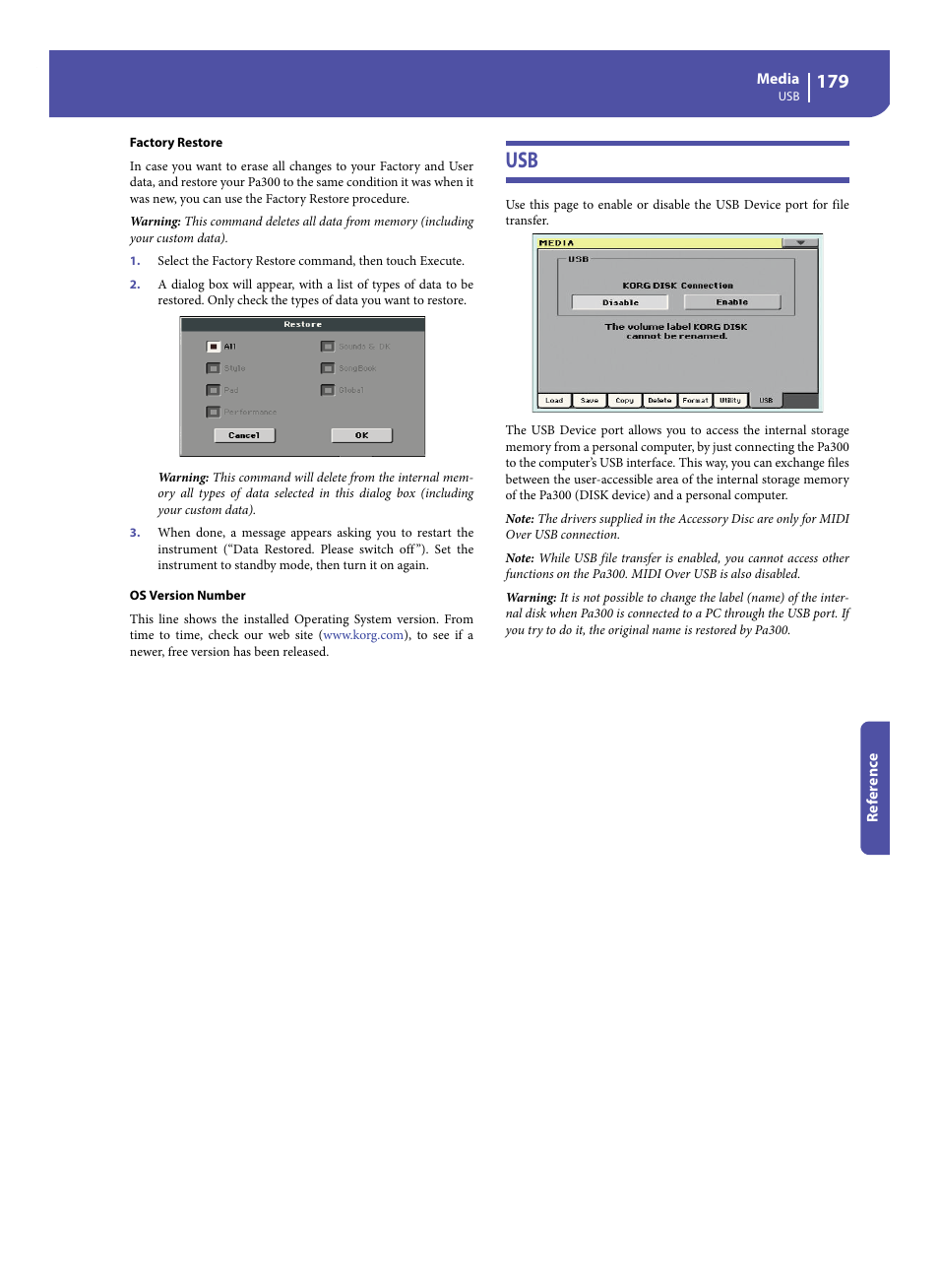 Tory restore” com | KORG Pa300 Arranger User Manual | Page 183 / 378