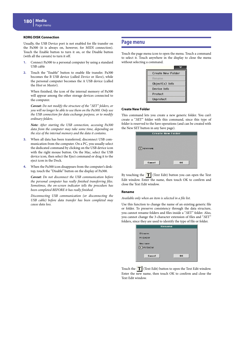 Page menu | KORG Pa300 Arranger User Manual | Page 184 / 378