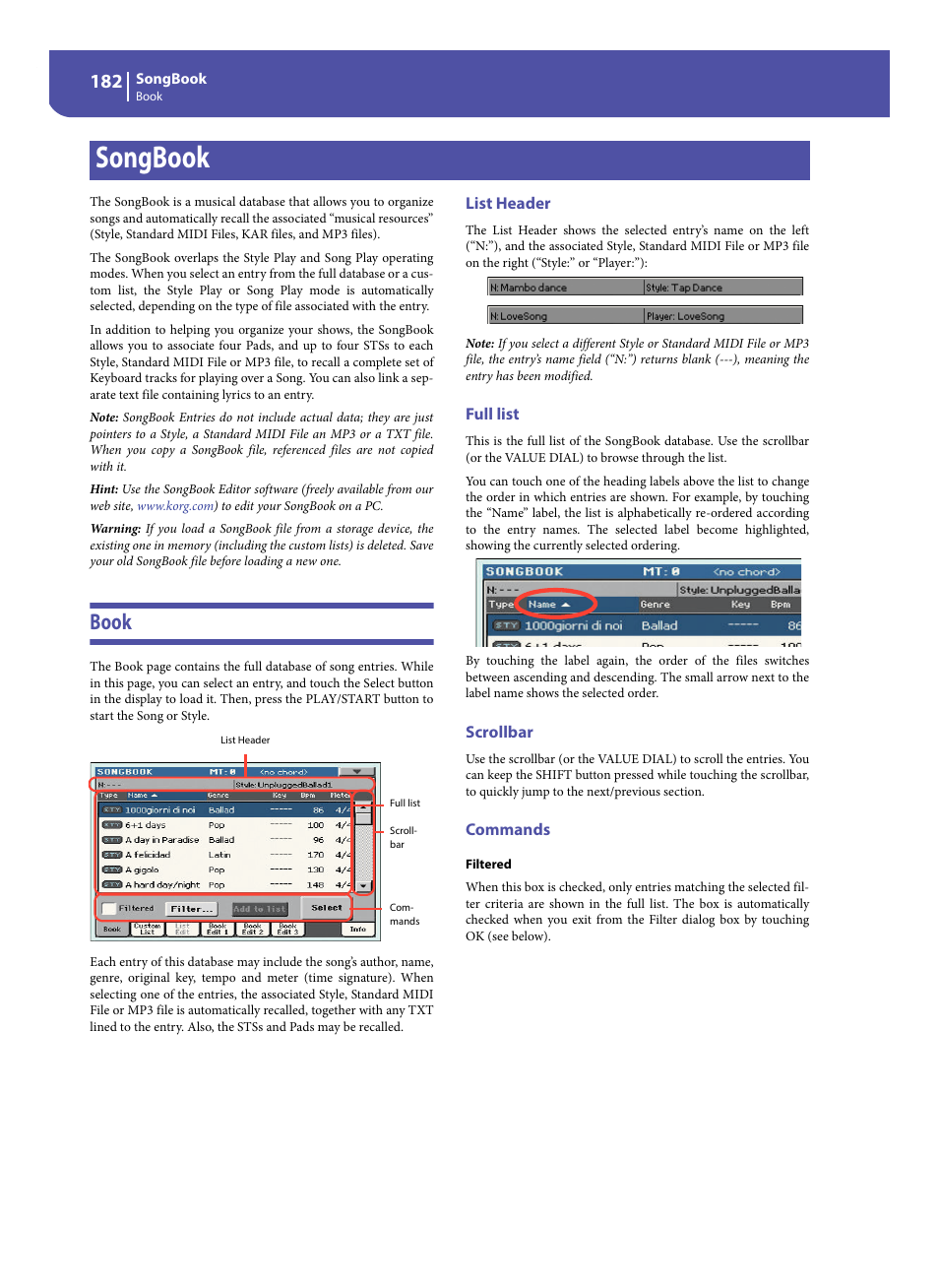 Songbook, Book, List header | Full list, Scrollbar, Commands | KORG Pa300 Arranger User Manual | Page 186 / 378