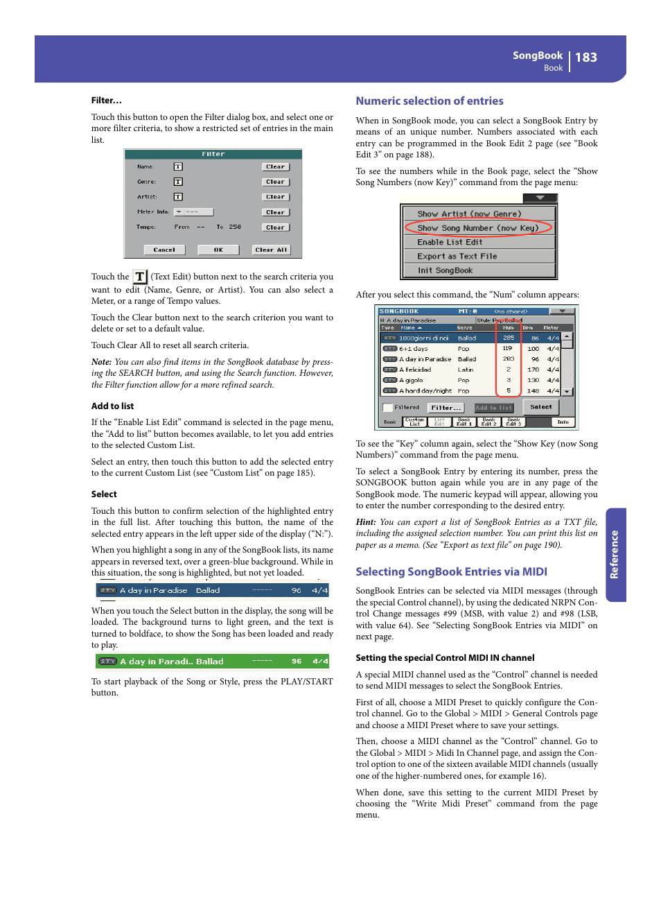 Numeric selection of entries, Selecting songbook entries via midi | KORG Pa300 Arranger User Manual | Page 187 / 378