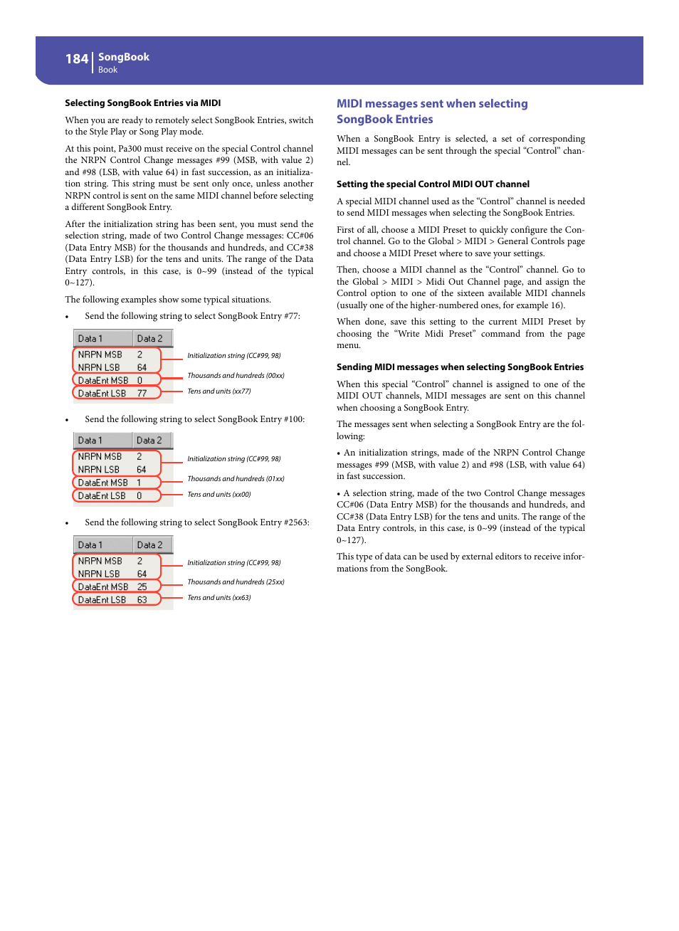 Midi messages sent when selecting songbook entries | KORG Pa300 Arranger User Manual | Page 188 / 378