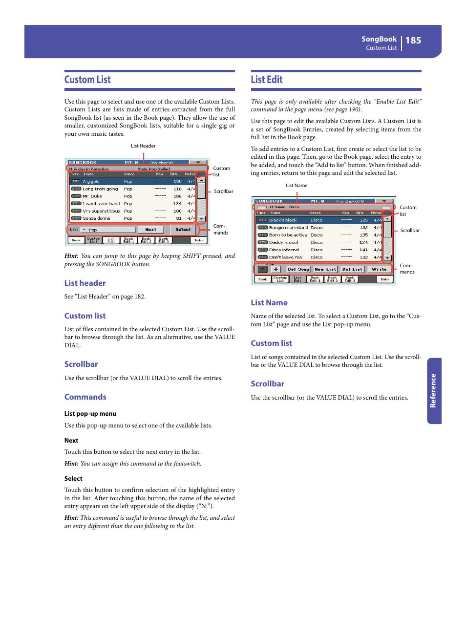 Custom list, List header, Scrollbar | Commands, List edit, List name, Custom list list edit | KORG Pa300 Arranger User Manual | Page 189 / 378