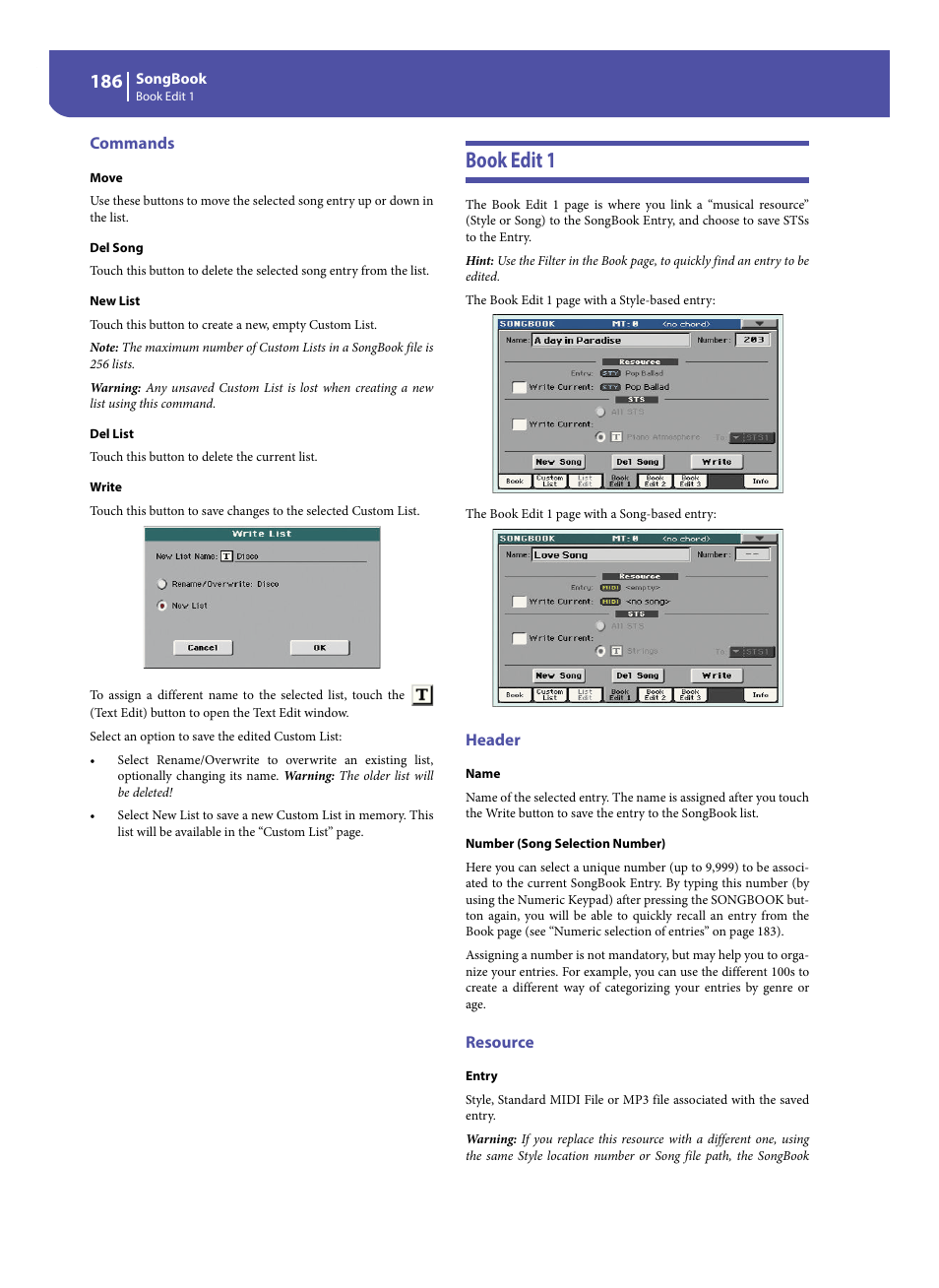 Commands, Book edit 1, Header | Resource | KORG Pa300 Arranger User Manual | Page 190 / 378