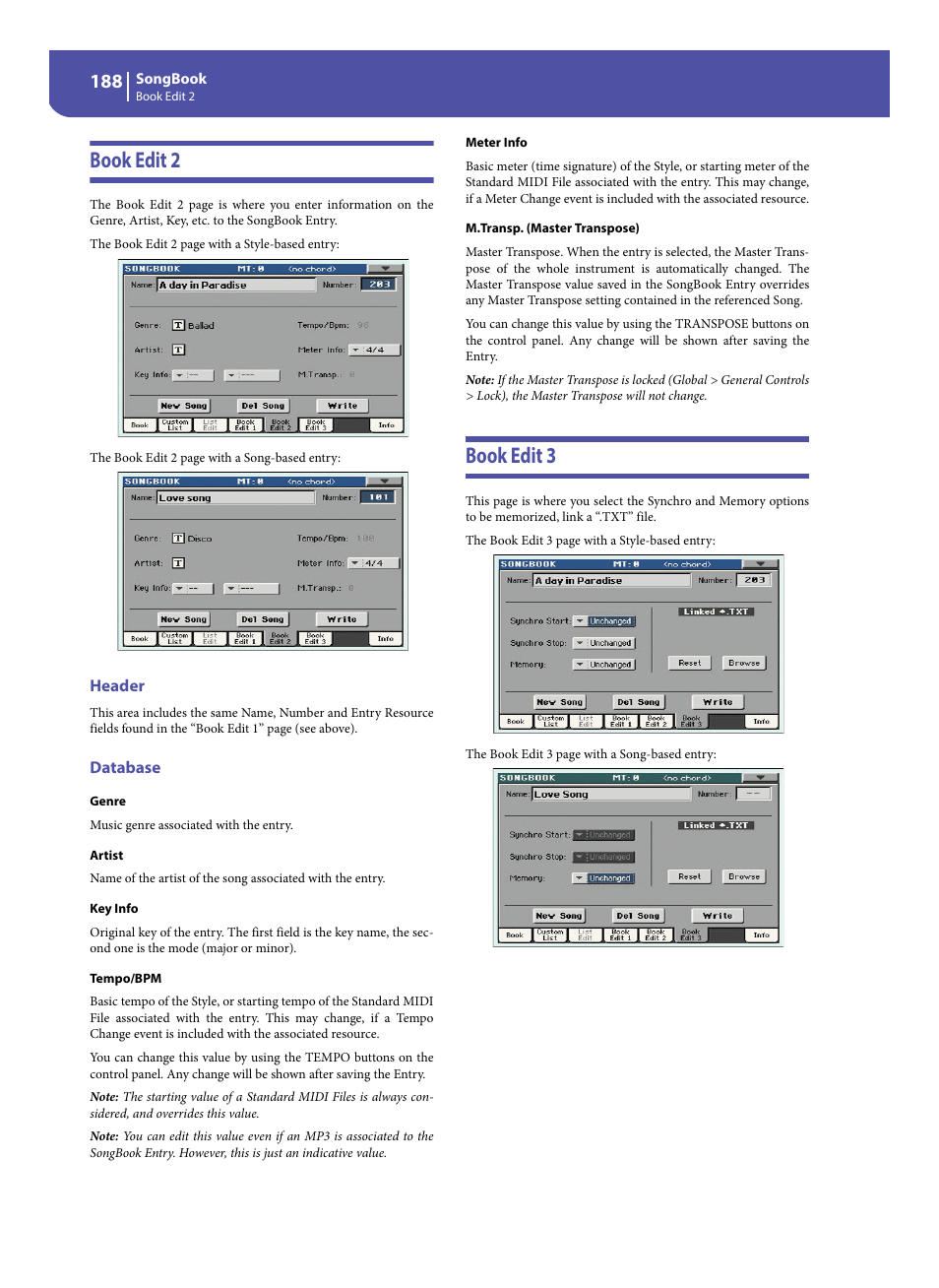 Book edit 2, Header, Database | Book edit 3, Book edit 2 book edit 3 | KORG Pa300 Arranger User Manual | Page 192 / 378