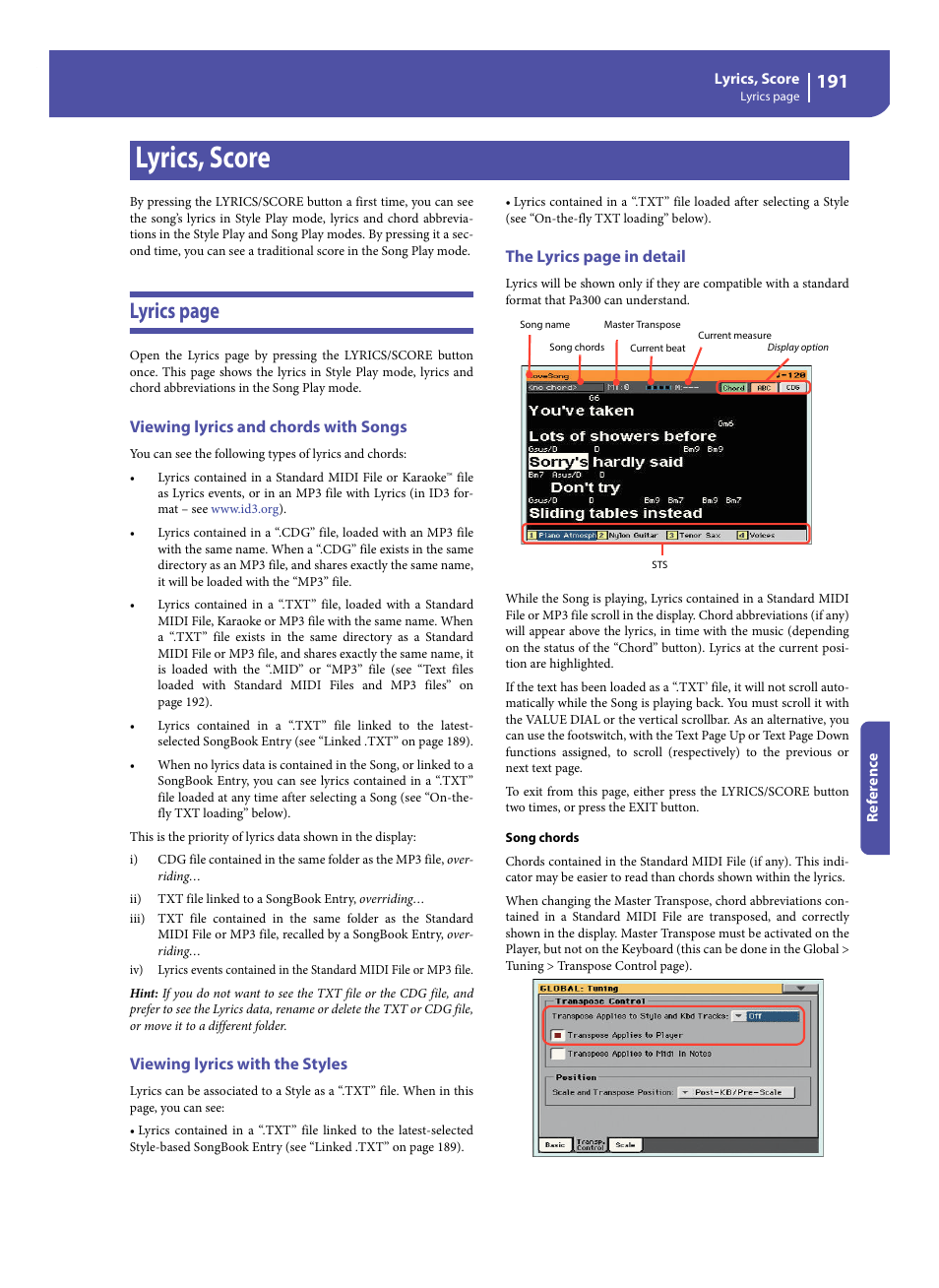 Lyrics, score, Viewing lyrics and chords with songs, Viewing lyrics with the styles | Lyrics page | KORG Pa300 Arranger User Manual | Page 195 / 378