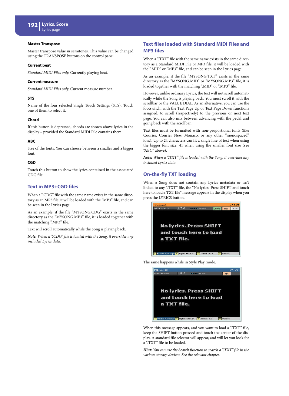 Text in mp3+cgd files, On-the-fly txt loading, On-the- fly txt loading | On-the-fly txt loading” b, Chord | KORG Pa300 Arranger User Manual | Page 196 / 378