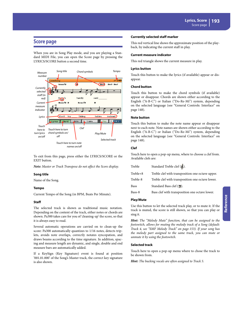 Score page | KORG Pa300 Arranger User Manual | Page 197 / 378