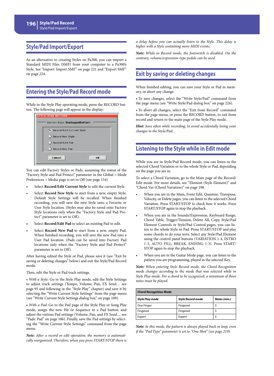 Style/pad import/export, Entering the style/pad record mode, Exit by saving or deleting changes | Listening to the style while in edit mode | KORG Pa300 Arranger User Manual | Page 200 / 378