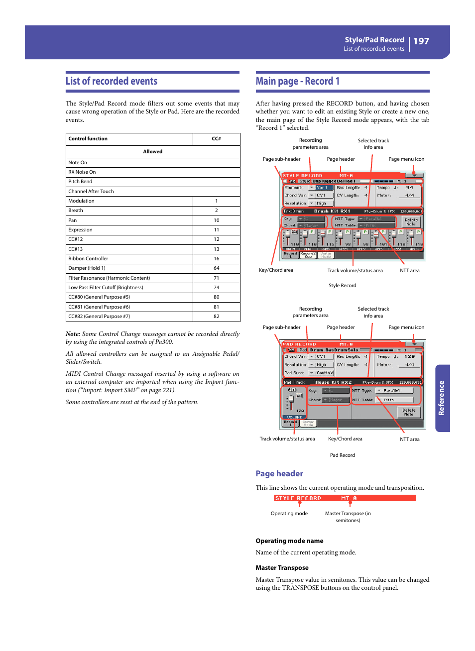 List of recorded events, Main page - record 1, Page header | Style/pad record, Re fe rence | KORG Pa300 Arranger User Manual | Page 201 / 378