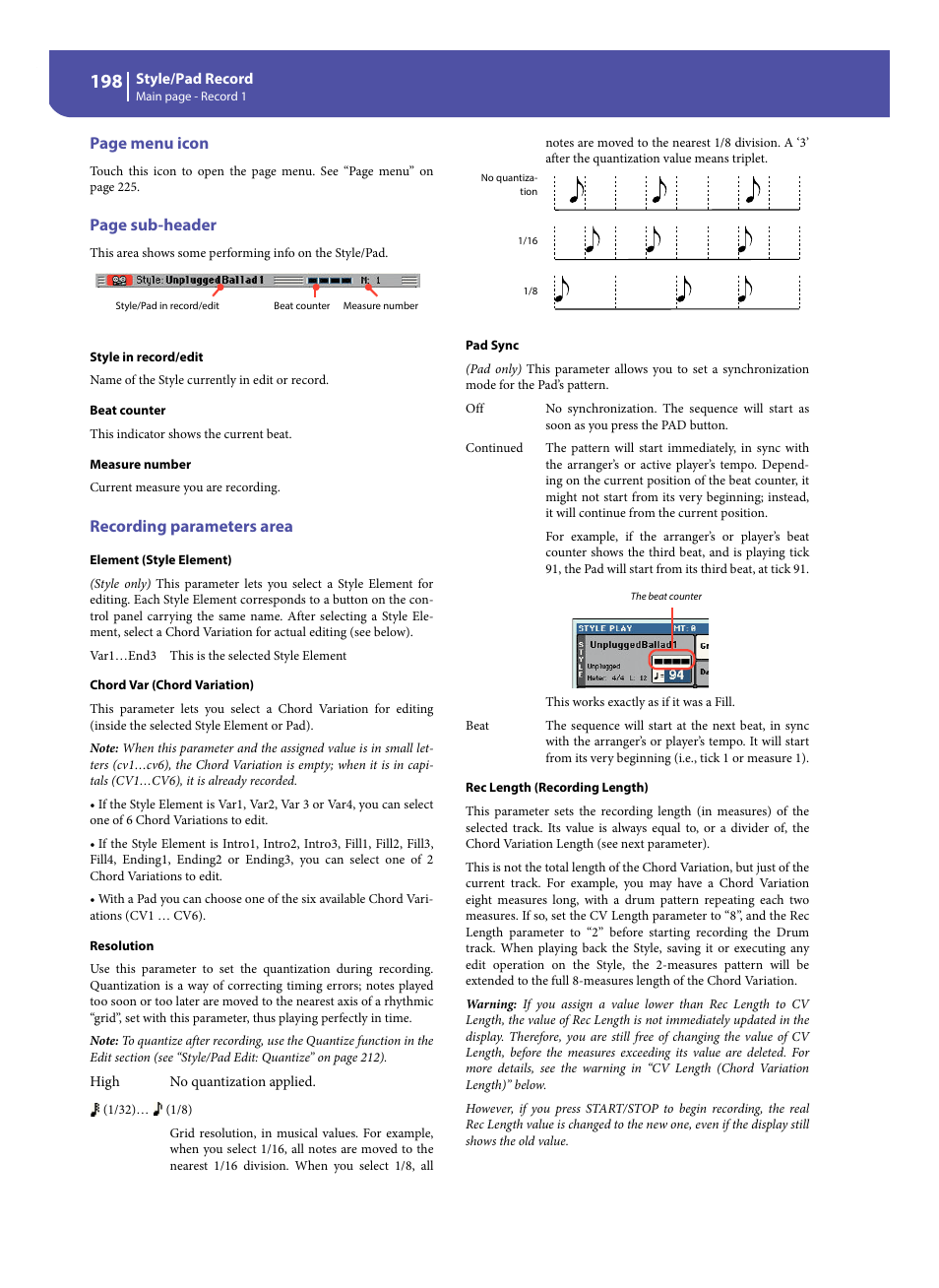 Recording parameters area, E “element (style element), Chord var (chord variation)” o | Page menu icon, Page sub-header | KORG Pa300 Arranger User Manual | Page 202 / 378