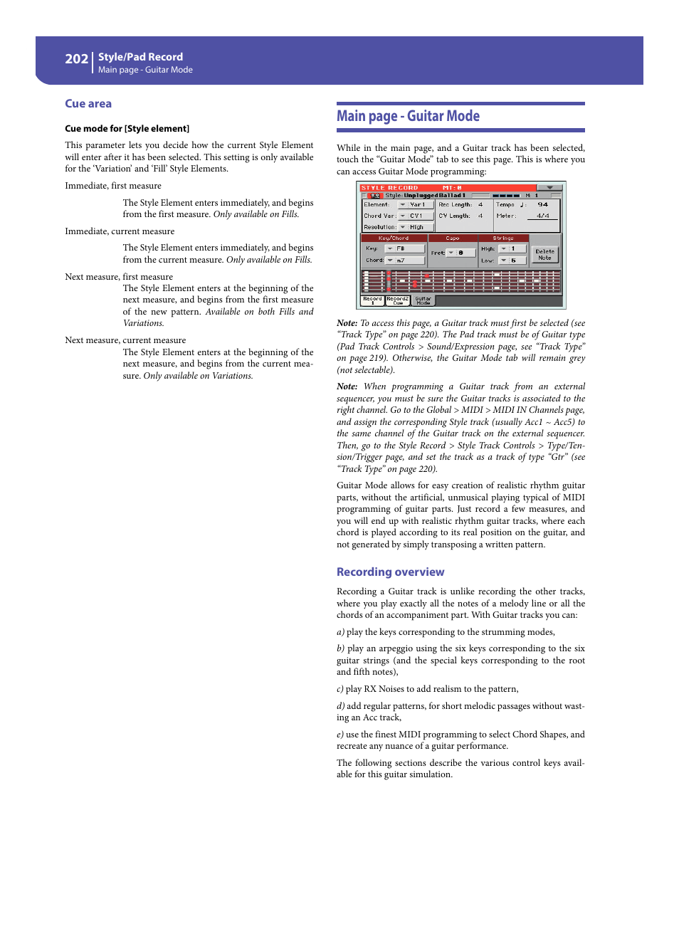 Cue area, Recording overview, Main page - guitar mode | KORG Pa300 Arranger User Manual | Page 206 / 378