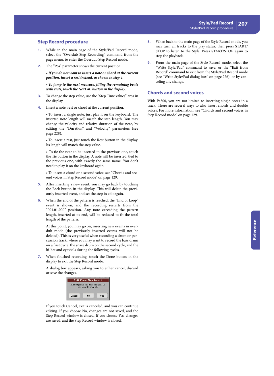 Step record procedure, Chords and second voices | KORG Pa300 Arranger User Manual | Page 211 / 378