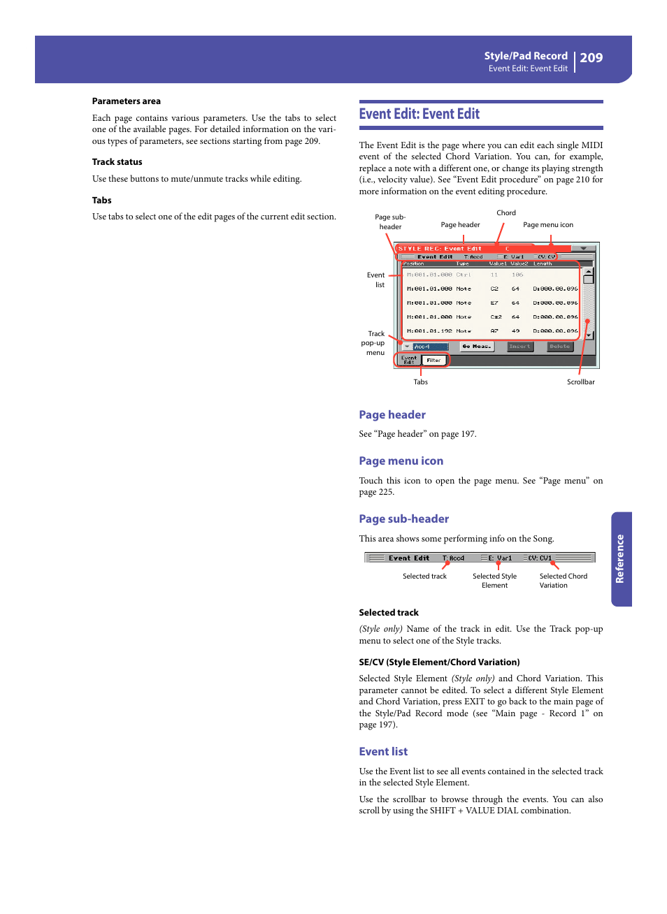 Event edit: event edit, Event list, Page header | Page menu icon, Page sub-header | KORG Pa300 Arranger User Manual | Page 213 / 378