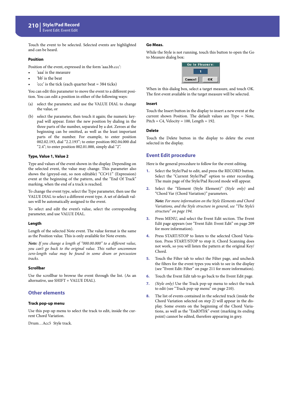 Other elements, Event edit procedure | KORG Pa300 Arranger User Manual | Page 214 / 378